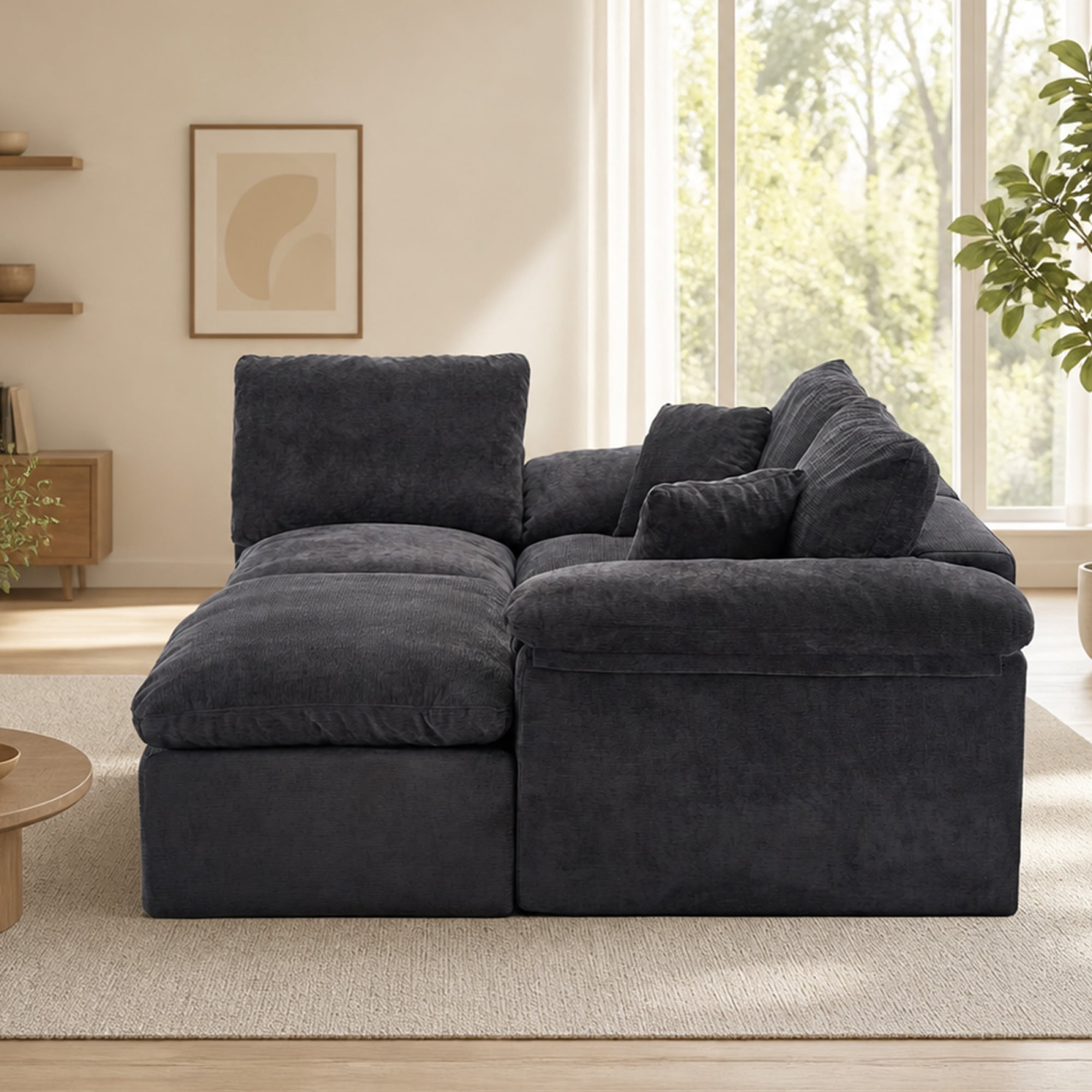 HOQBN Modular Sectional Sofa, L Shape Cloud Couch with 1 Movable Ottoman, Comfy Chenille Deep Seat Sofa with Soft Pillows for Living Room Apartment Black