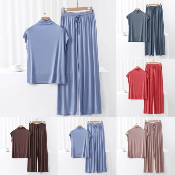 Wlynlyn Lounge Sets for Women 2 Piece Pajamas Outfits High Neck Cap Sleeve Tops Wide Leg Pants Homewear