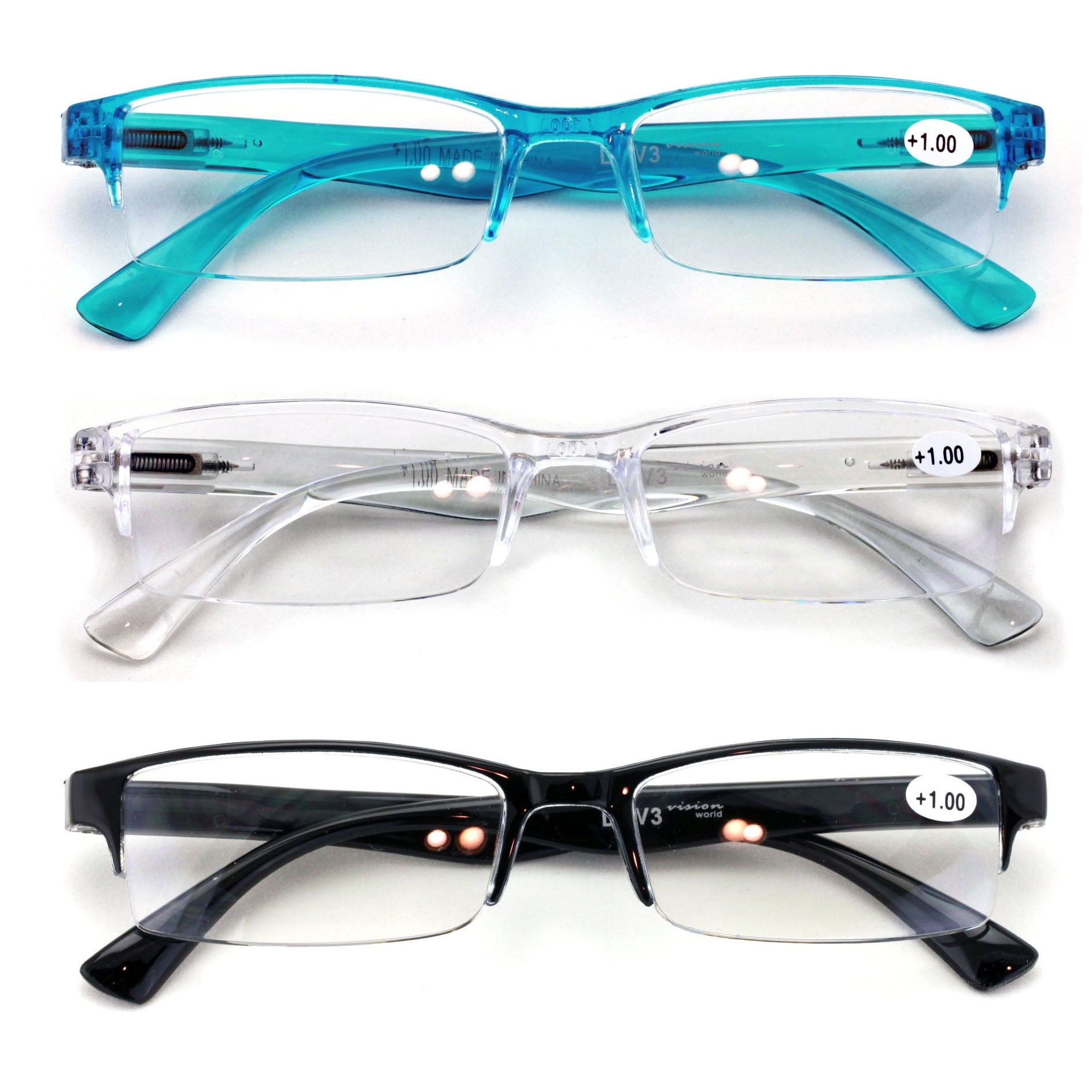 3 Pairs Lightweight Rectangular Unisex Readers with Spring Hinge - Clear Blue Black Reading Glasses - Spring Hinge 1.00