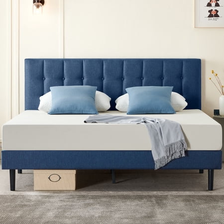 Molblly Full Size Platform Bed Frame with Headboard  Modern Upholstered Platform Bed,Blue