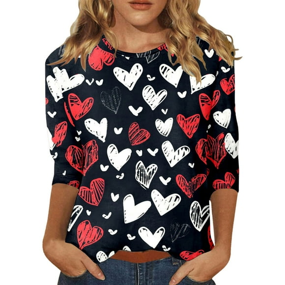 YDLCAFD T shirt Women Fashion Valentine's Print Crew Neck 3/4 Length Sleeve T Shirt Top