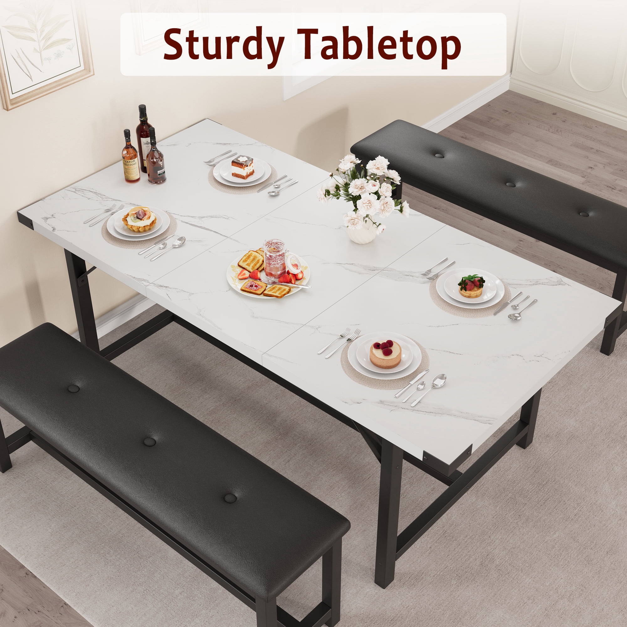 Extendable Dining Table Set for 4 to 6 People, Industrial Wood Table with 2 Upholstered Benches, Metal Corner Protectors for Small Space Apartment