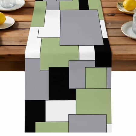 Abstract Art Table Runner Green Black Gray Splice Cotton Linen Table Cloth Tablerunner for Kitchen Dining Party Wedding Home Decor 13x36 Inch