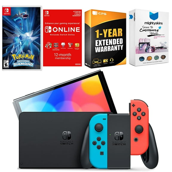 Nintendo Switch Neon Red & Blue OLED Console with Pokemon Brilliant Diamond, NSO 12 Month Family Membership, MightySkins Console and Controller Skin Voucher, and 1 Year CPS Extended Warranty