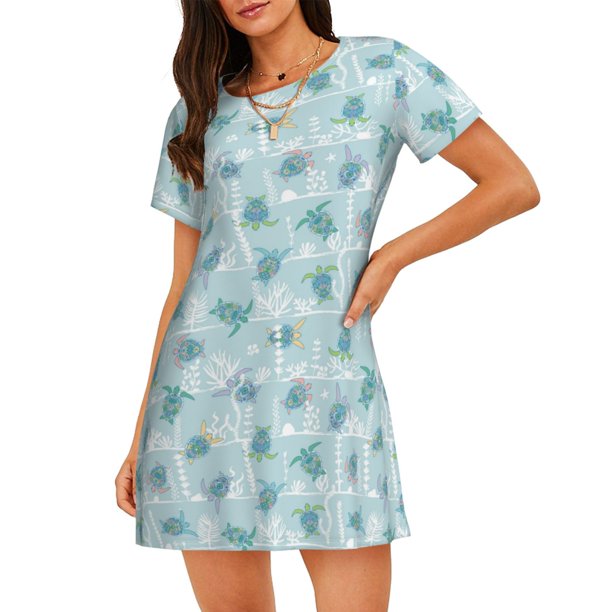 Fotbe Sea Turtle Bata de Dormir para Mujer con Estampado, Camisón de Algodón de Manga Corta, Ropa de Dormir Casual