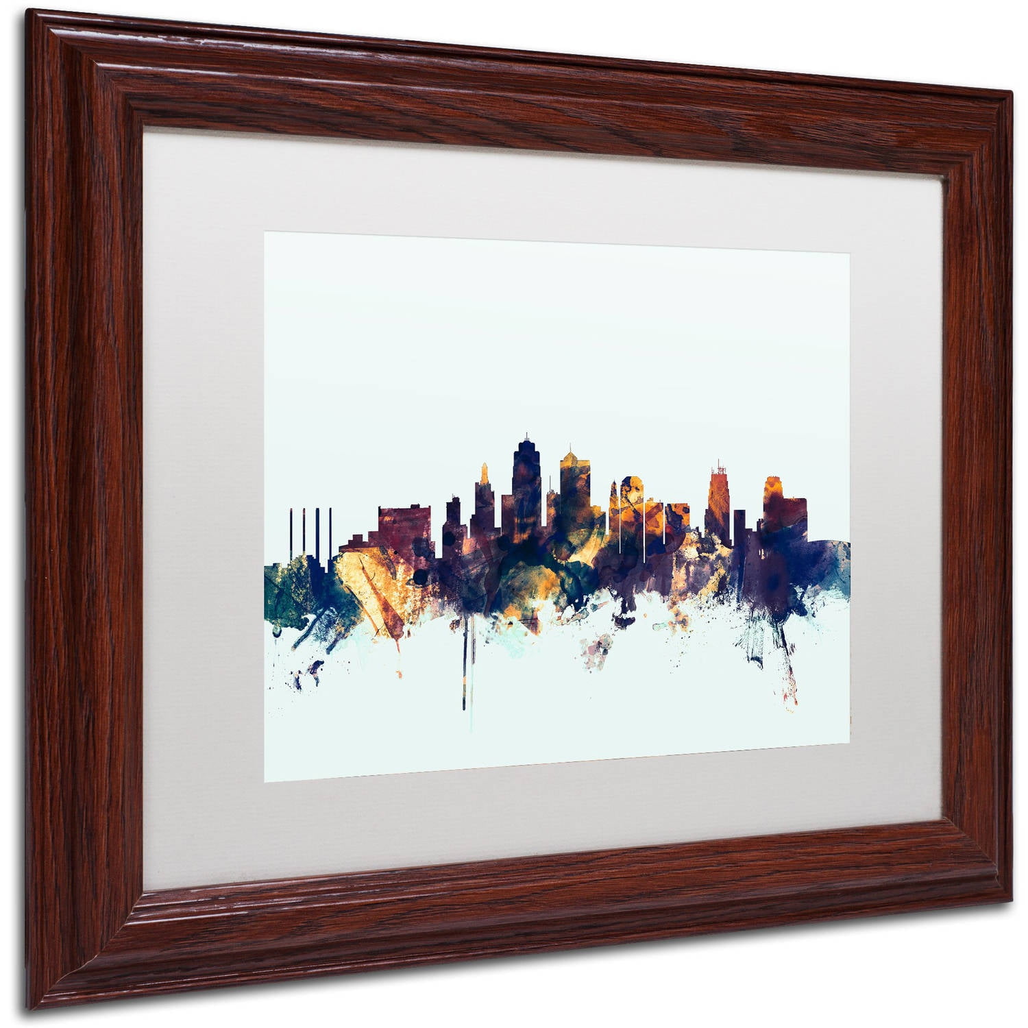 Trademark Fine Art "Kansas City Skyline Blue" Canvas Art by Michael Tompsett, White Matte, Wood Frame
