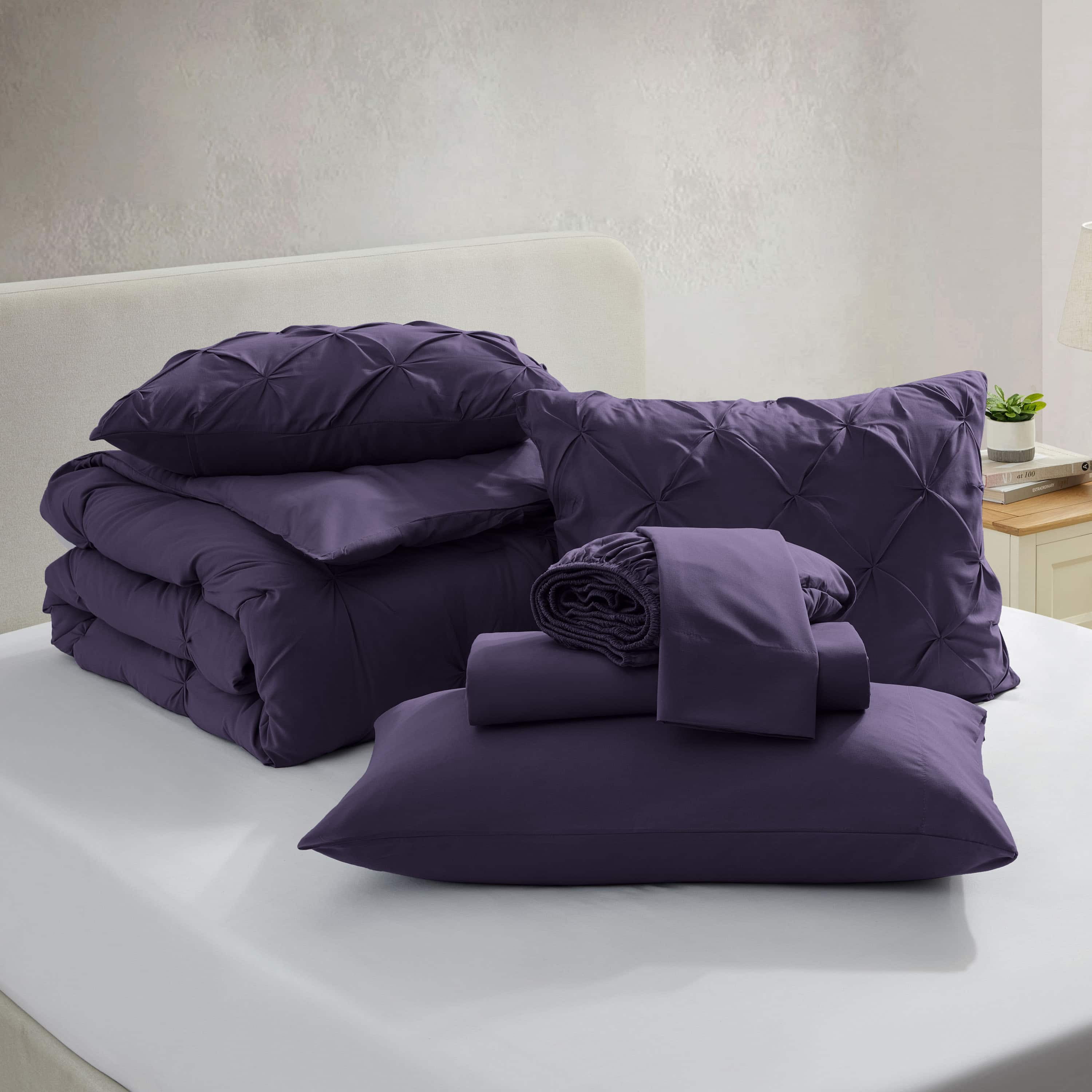 LammaLoe Twin Comforter Sets, 5 Piece Bed In A Bag Pintuck Bedding Sets, Purple