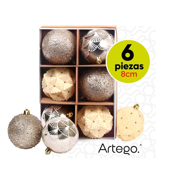 Esferas para árbol de navidad Artego de 8 cm de diámetro paq 6 esferas Champagne Peace * Línea Handmade Acabado soft con 3 estilos diversos, para colgar Christmas ornaments