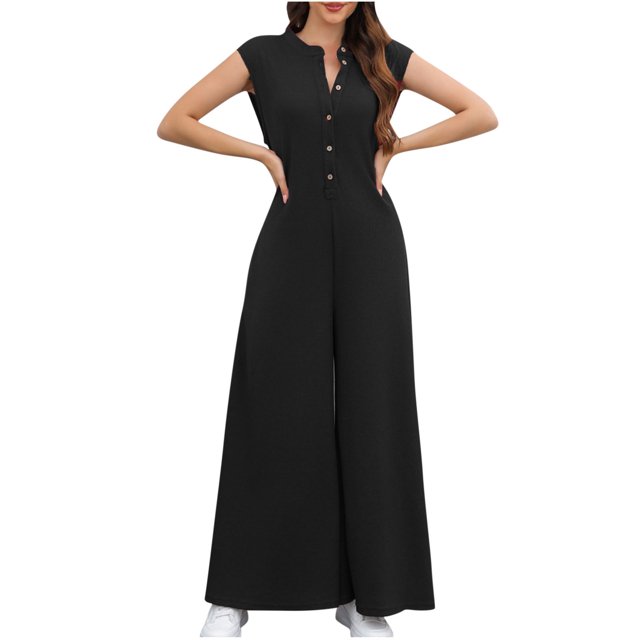 Timegard Jumpsuits for Women Summer Cap Sleeve V- Neck Button Tank Rompers Wide Leg Pants Jumpsuits