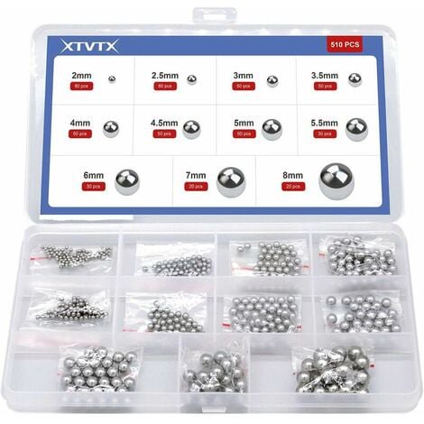 Dinheiro - Kit surtido de bolas de rodamiento de acero cromado de precisión sólida, 510 piezas, combinación de 2 mm a 8 mm, utilizado en bicicleta
