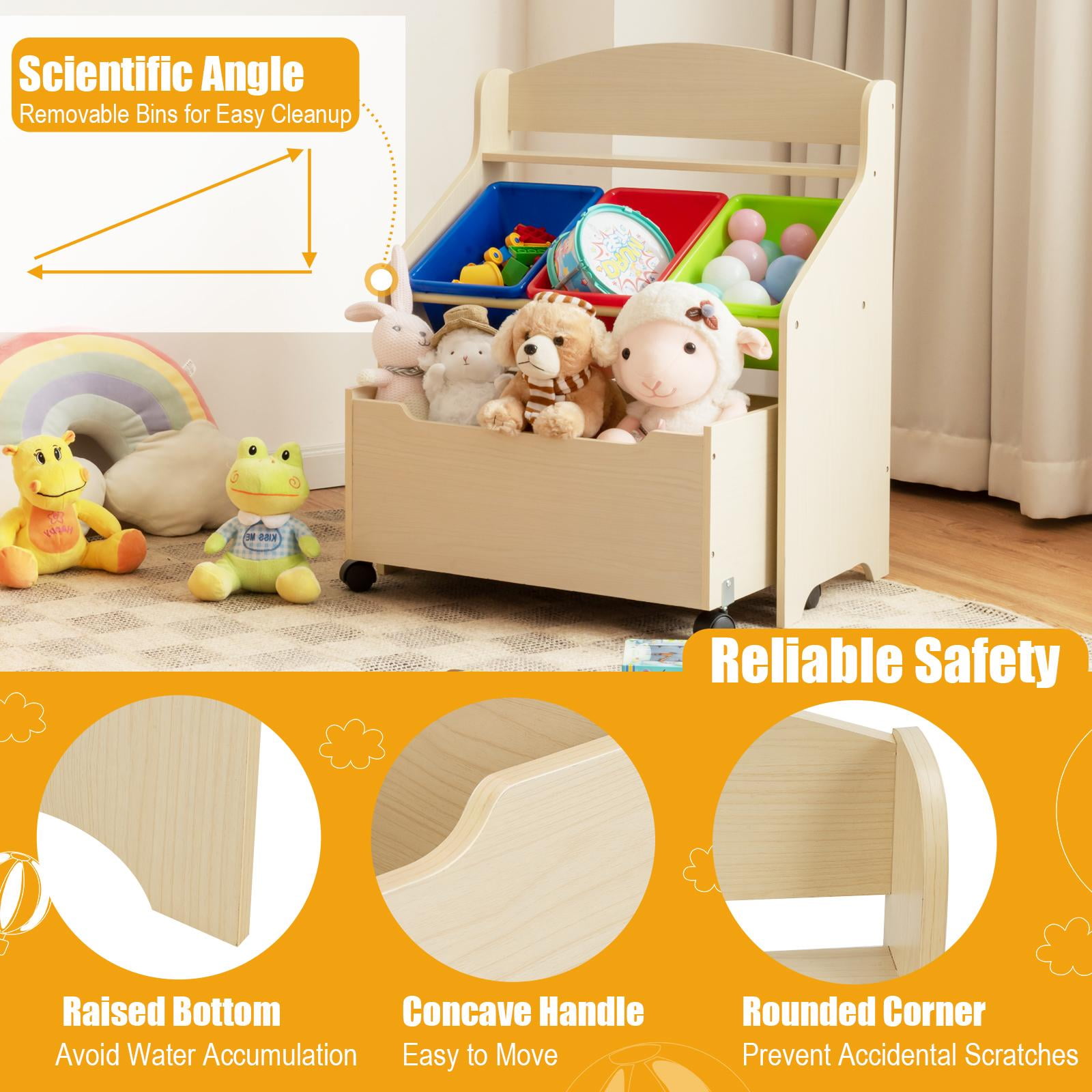 Giantex Wooden Kids Toy Storage Organizer, Toddler Furniture Storage Unit w/Wheels for Child's Bedroom Playroom, Natural