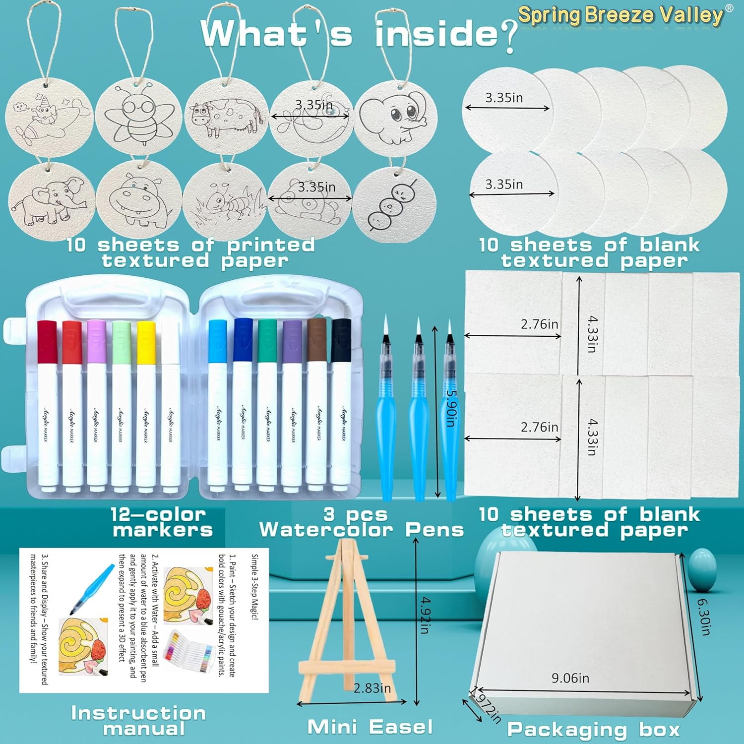 JJEAN-Aqua Puffs, Magic Foam Texture Painting Kit, Stocking Stuffers, Magic Puffy Paint, Including 30 Pcs Foam Texture Paper, 12 Colors Brush Tip Acrylic Paint Markers