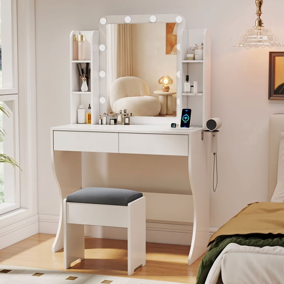 Vanity Desk with Mirror and LED Lights, Makeup Vanity Table with Charging Station, Wood Dressing Table with 2 Drawers Storage and Hair Dryer Rack for Bedroom
