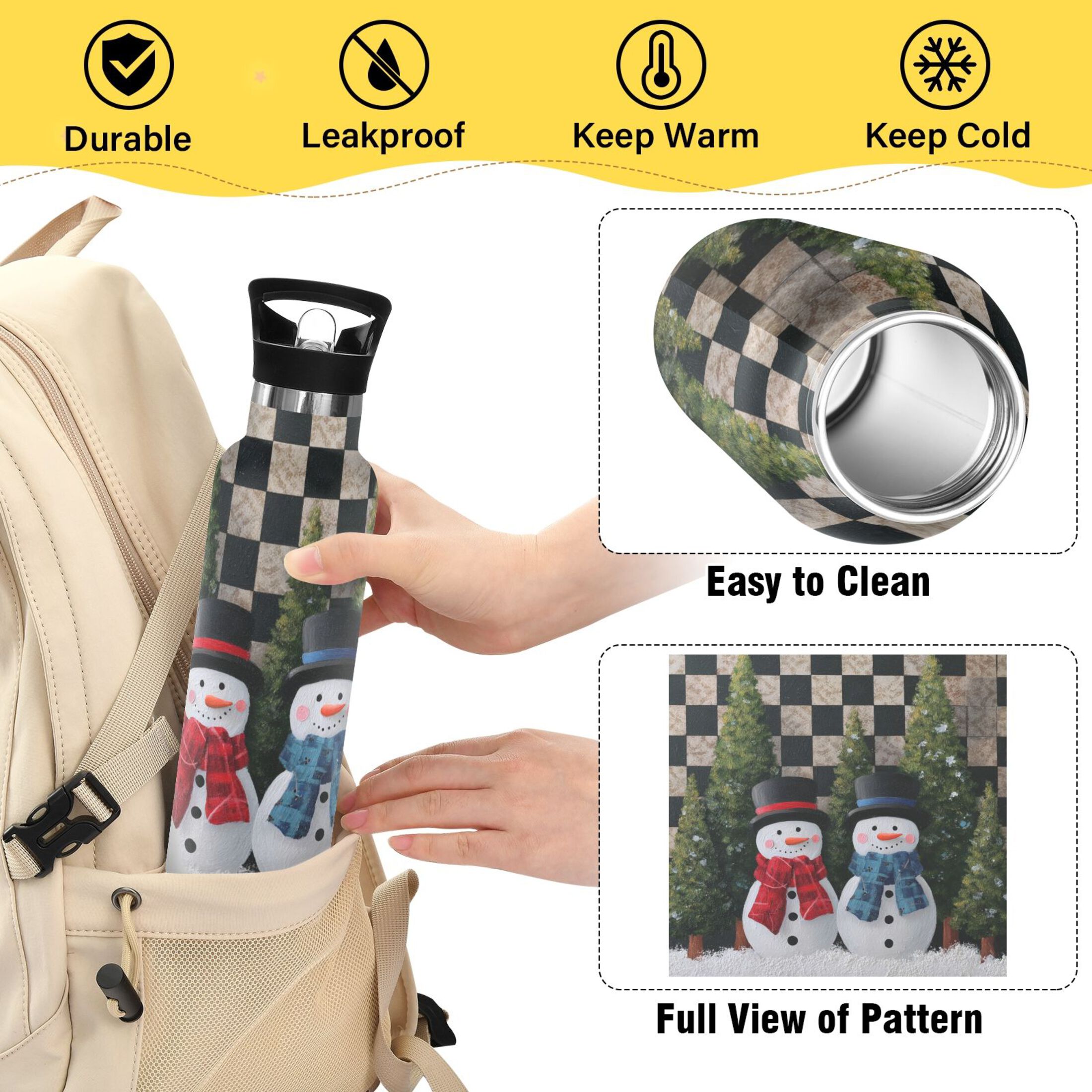 Kids Insulated Stainless Steel Sports Water Bottle 600ml (20oz) Two Snowmen Pattern
