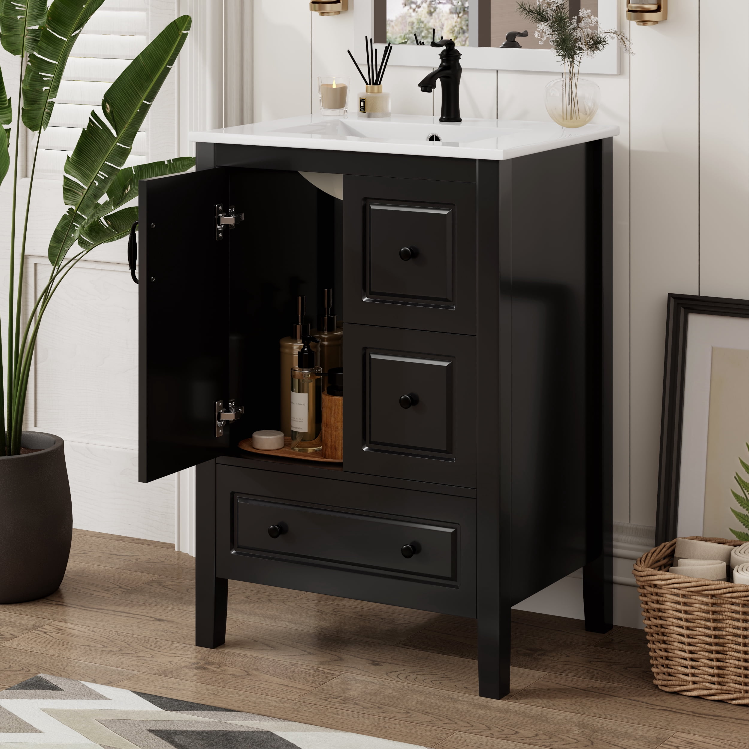 Euroco 24'' Freestanding Bathroom Vanity with Ceramic Sink, Soft-Close Cabinet & Drawers, Vintage-Style Design with Black Handles, MDF Construction, Easy Plumbing Access