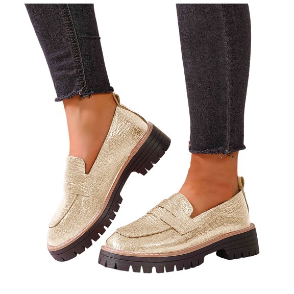 Leather Loafers for Women Platform Chunky Heel Lug Sole Penny Loafers Comfortable Slip On Business Casual Shoes Gold Size 6.5