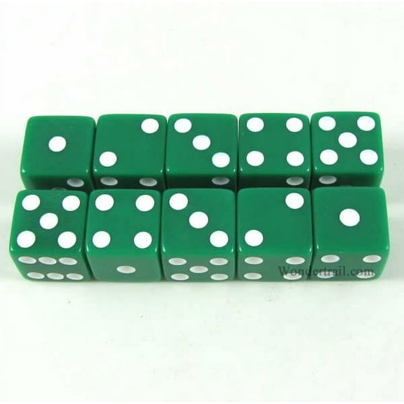 Green Opaque Dice with White Pips D6 16mm (5/8) Set of 10 Koplow Games