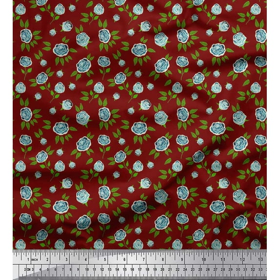 Soimoi polyester Crepe Fabric Leaves & Rose Floral Printed Fabric 1 Yard 42 Inch Wide