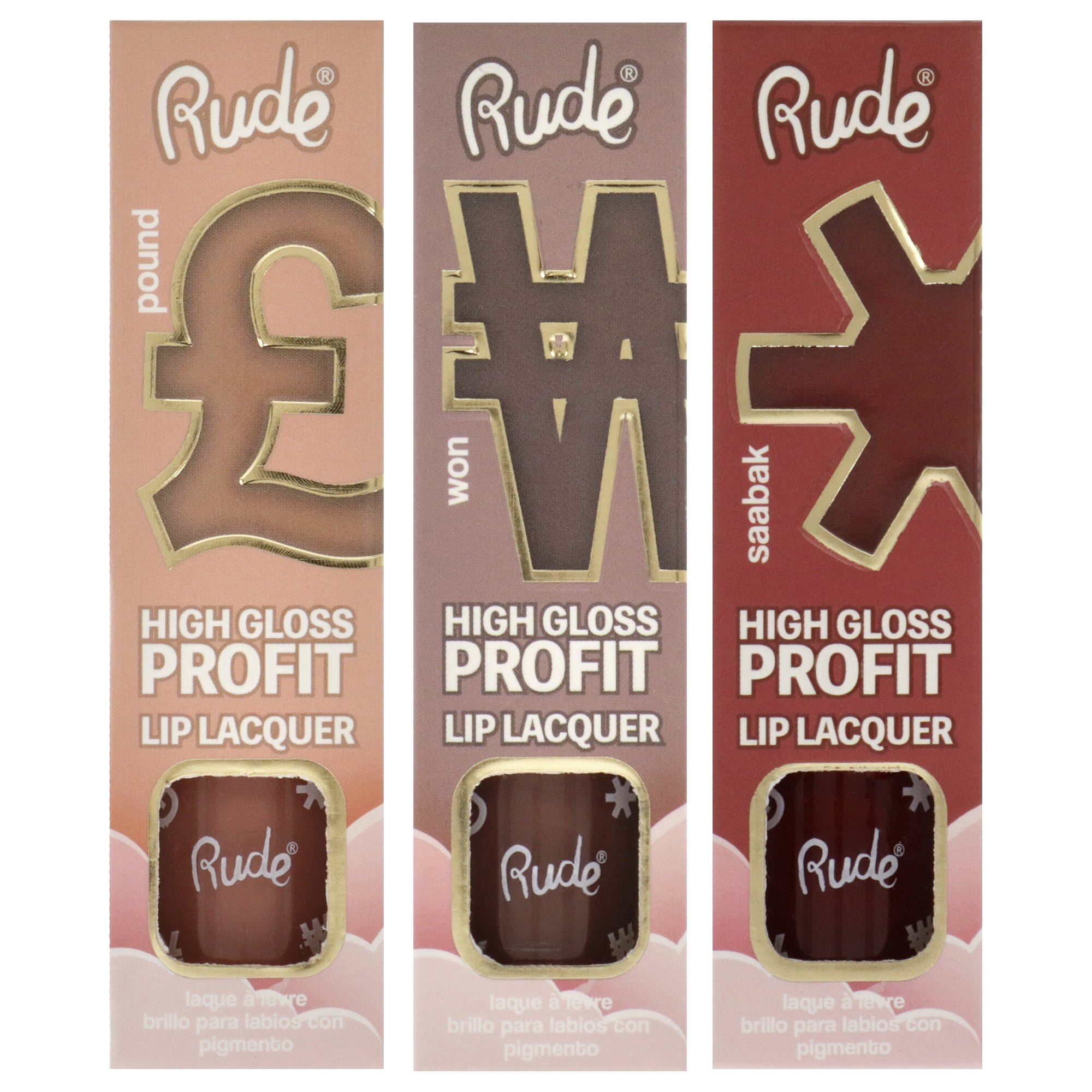 Rude Cosmetics High Gloss Profit Lip Lacquer Kit , 3 Pc Kit 3 X 0.141oz Lip Gloss - Pound, Saabak, Won- Pack of 3