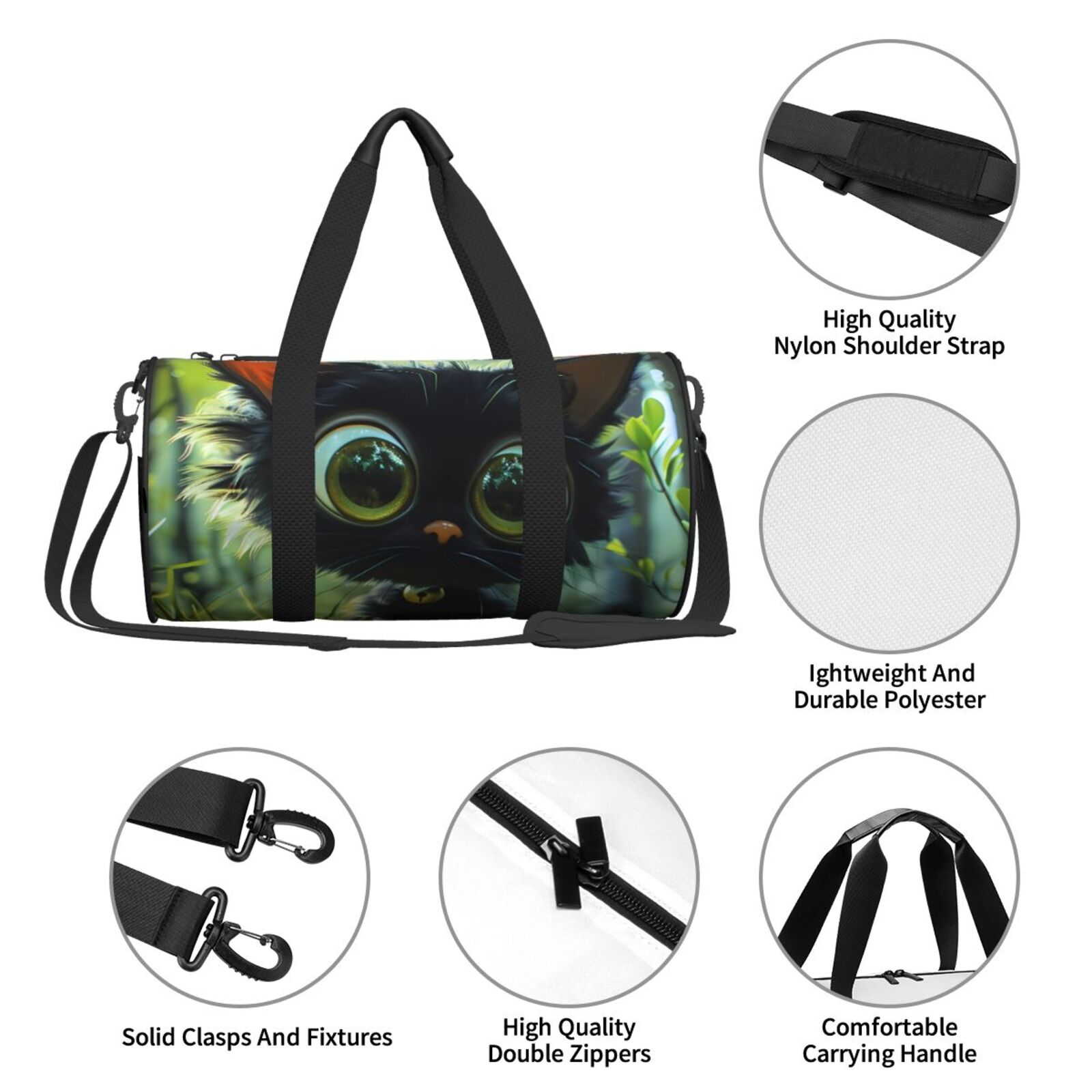 Defioc Cute Big-Eyed Black Cat for Travel Duffle Bag,Weekender Bag Carry On Tote Bags Hospital Bag Large Capacity Sport Gym Bag for Men Women Fit for Trave, Gym,Weekend