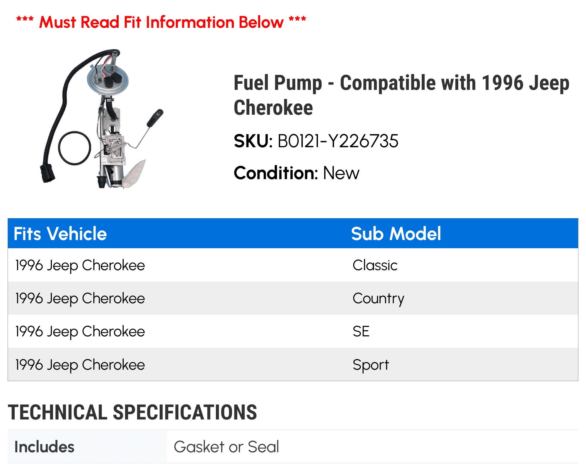 Fuel Pump - Compatible with 1996 Jeep Cherokee