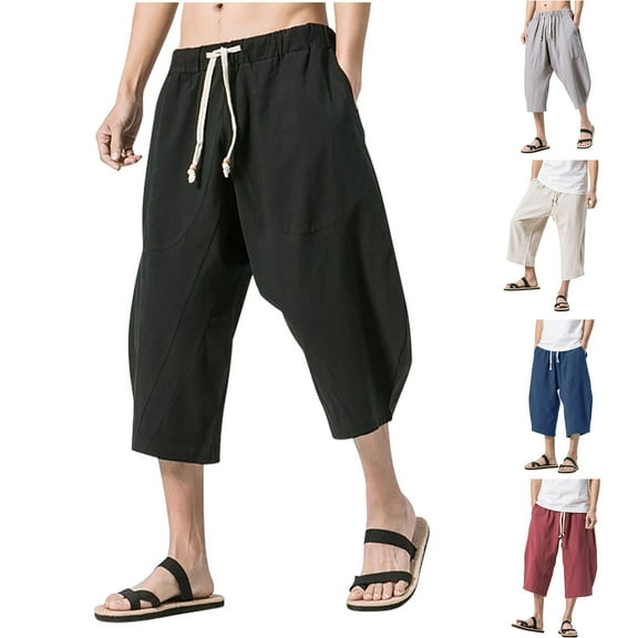 FRSASU Men's Summer Loose Cotton Linen Casual Trousers Harem Pants Calf-length Shorts Sweatpants Red