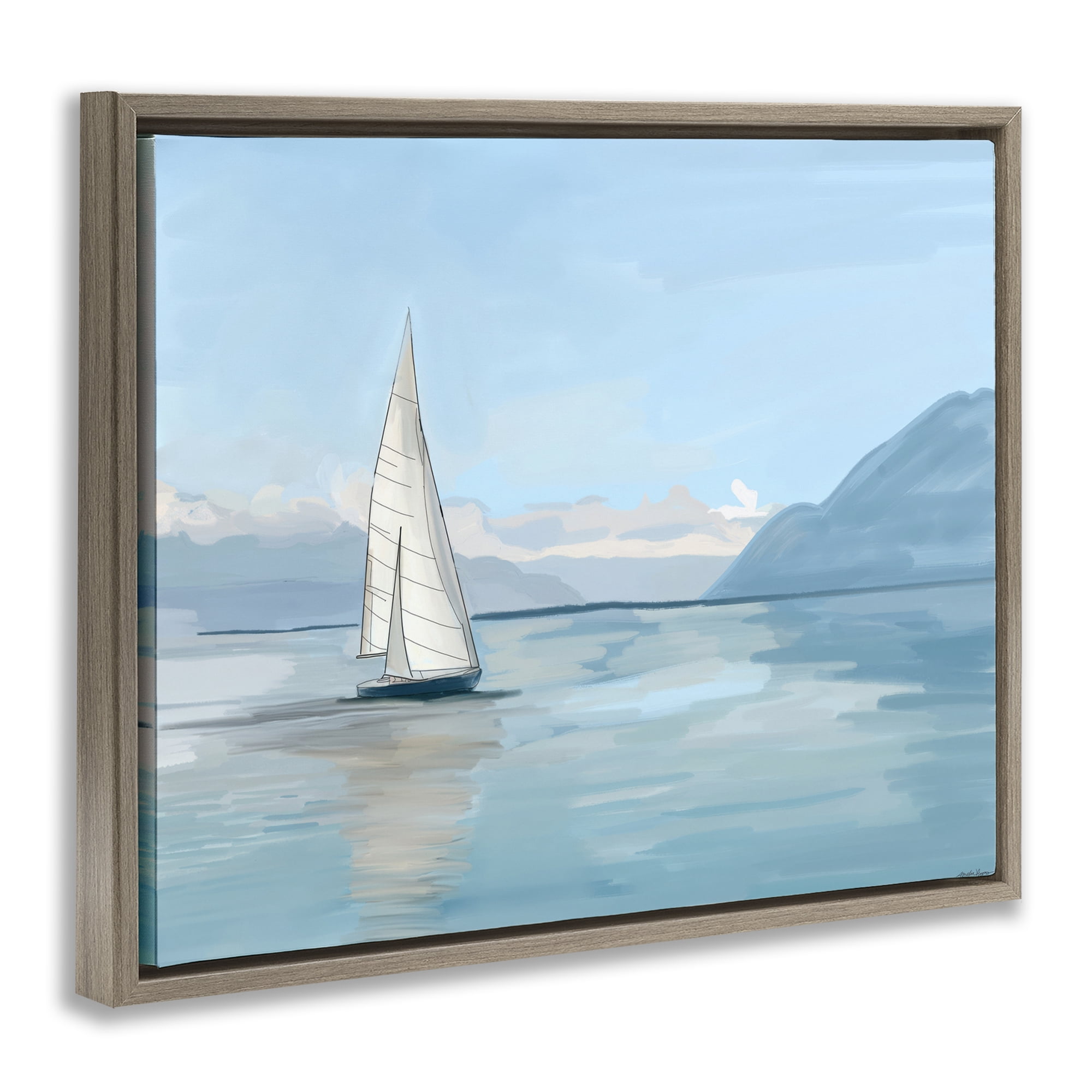Stupell Industries Peaceful Sailboat on Water Nautical & Beach Painting Brown Floater Framed Canvas Art Print Wall Art, 21 x 17