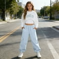 thumbnail image 3 of Dakiuu Girls Letter Graphic 3 Pieces Outfits Spring Winter Clothes Fashion Whiter Camisoles Workout Hoodies Crop Top and Jogger Sweatpants Set Sky Blue 7-8 Years (8Y), 3 of 6