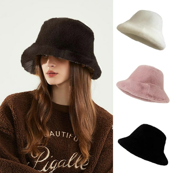 Sunjoy Tech Winter Women Hat Thick Fuzzy Plush Faux Fur Fisherman Hat Heat Retention Windproof Solid Color Short Brim Hat for Outdoor Cycling Skiing