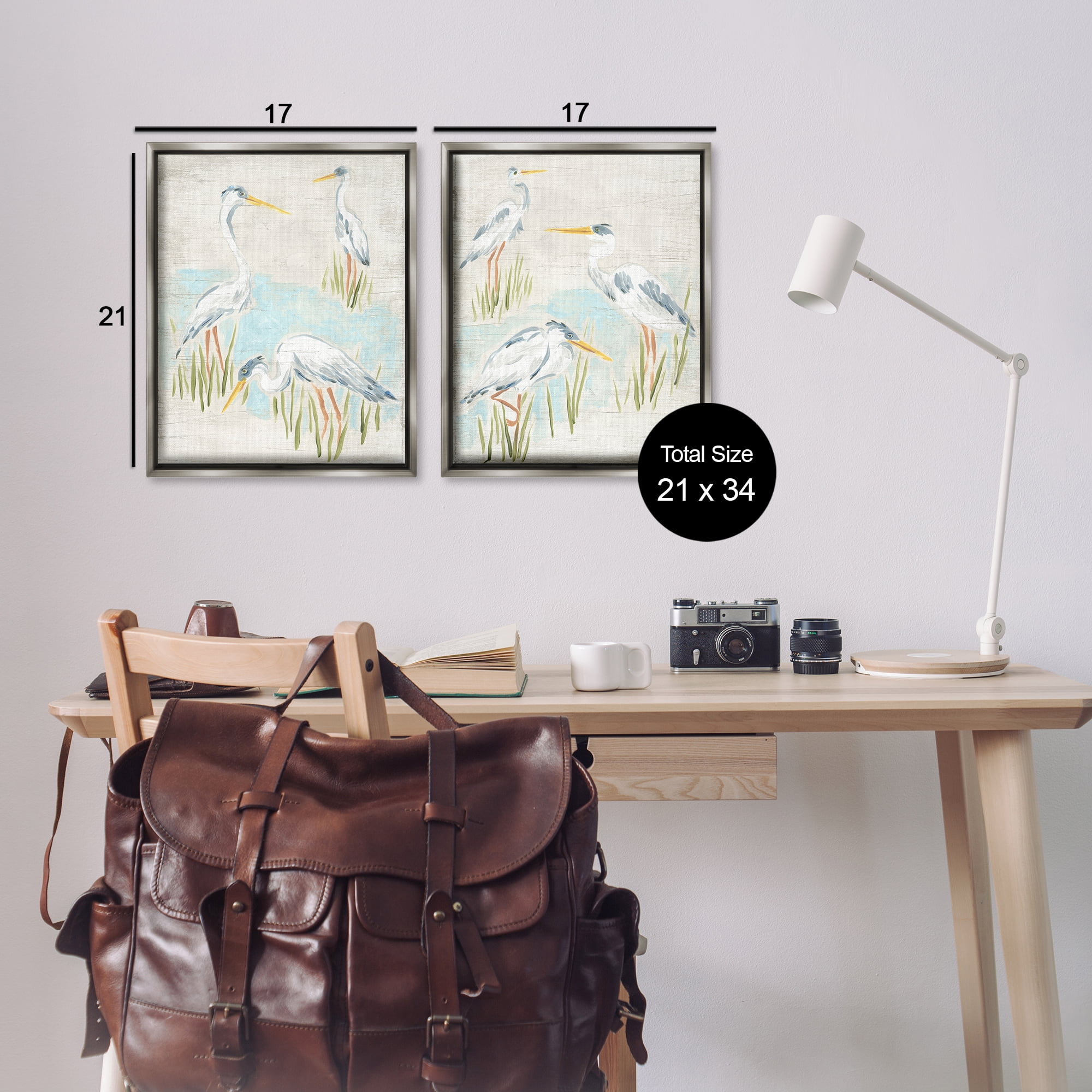 Stupell Industries Cranes in Marsh Pond Animals Painting Gray Floater Framed Canvas Art Print Wall Art, 17 x 21, Set of 2