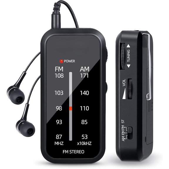Pocket AM FM Radio Portable Battery Operated with Back Clip & Headphones for Outdoor, Emergency, Walking, Running