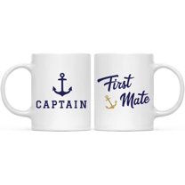 CTDream Wedding Party Couple 11oz. Coffee Mug Gift, Captain, First Mate, Nautical Theme Anchor Navy Blue Faux Gold Glitter, 2-Pack, Birthday Bridal Shower Bachelorette Present Ideas