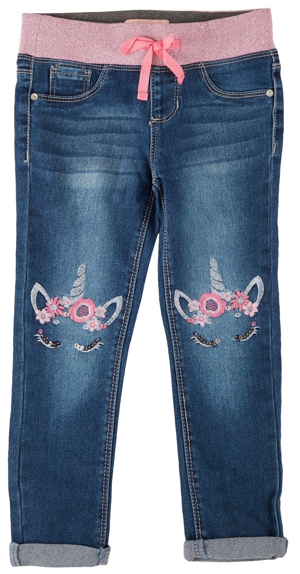 Girls Unicorn Embroidered Denim Jeans 