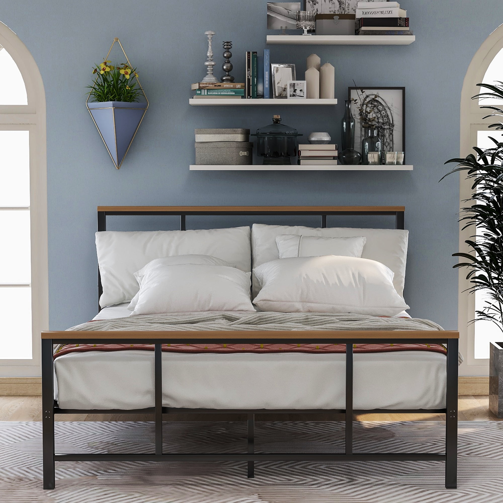 Kepooman Modern Queen Size Metal Bed Frame with Wood Decoration, Platform Bed with Headboard and Footboard, Black Kepooman Modern Queen Size Metal Bed Frame with Wood Decoration, Platform Bed with Headboard and Footboard, Black