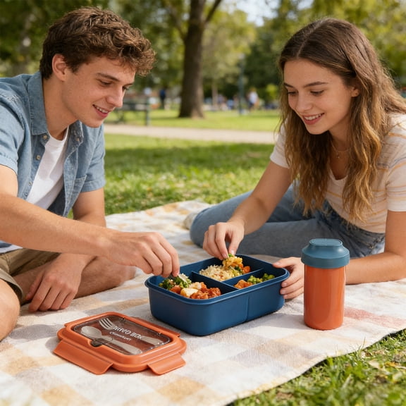Honmine Portable Lunch Box, Bento Food Container with Double Layer Compartments, Microwave Safe Meal Prep Kit with Utensils for Work, Picnic, Travel