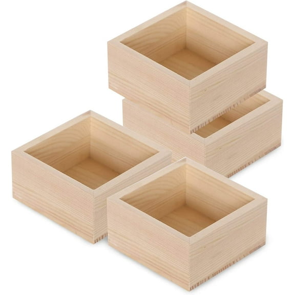 Rustic Wood Box, 4-Piece Square Storage Set - Small Wooden Box for Collectibles, Succulent Pots, Home Decor, Desktop Drawer Organizer (4'' x 4'')