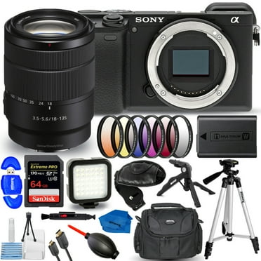 Sony Alpha a6400 Mirrorless Digital Camera with 18-135mm Lens   SanDisk 64GB Extreme PRO, LED Light Kit, 50 Tripod & Much More (14pc Bundle)