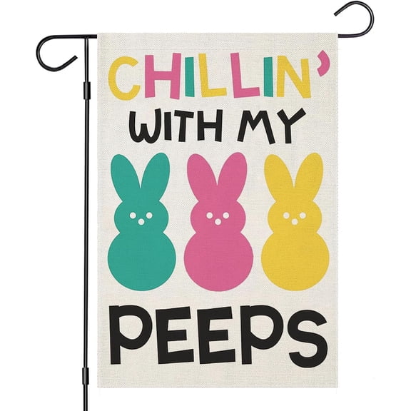 Easter Garden Flags for Outside, Rabbits CHILLIN'' WITH MY PEEPS Yard Decoration, Small Seasonal Spring Outdoor Decor for Farmhouse Holiday,12.5x18 Double Sided