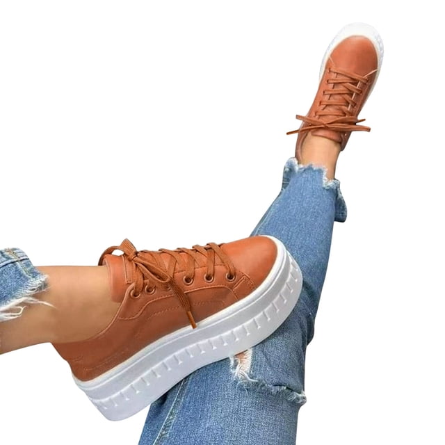 Leozcaa Chaussures de Marche Décontractées pour Femmes à Plateforme Mode Semelle Épaisse en Cuir Classique Caoutchouc Bas