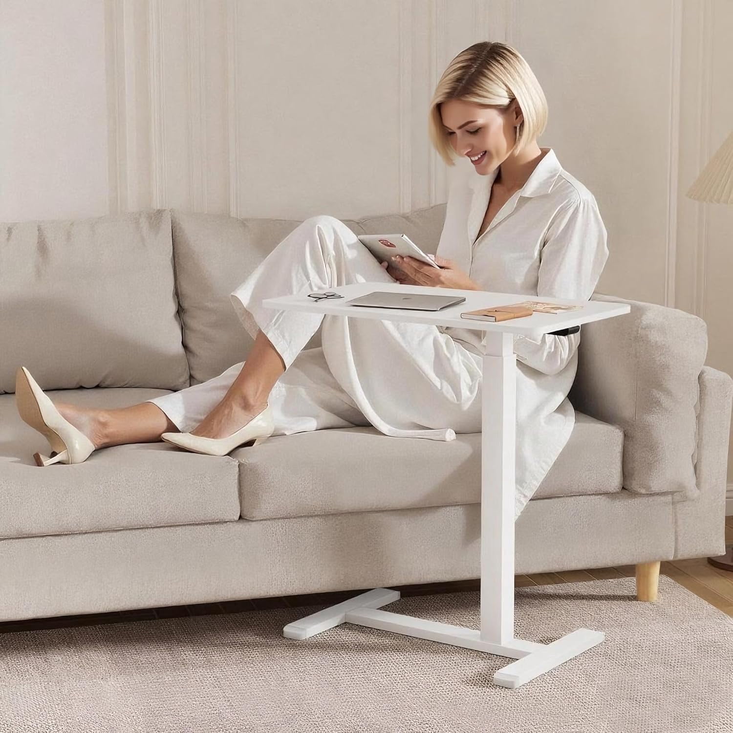 JessieMal Rolling Teacher Standing Desk with Hidden Wheels,Pneumatic Mobile Laptop Table Height Adjustable Small Sit Standing Desk for Home Office,White