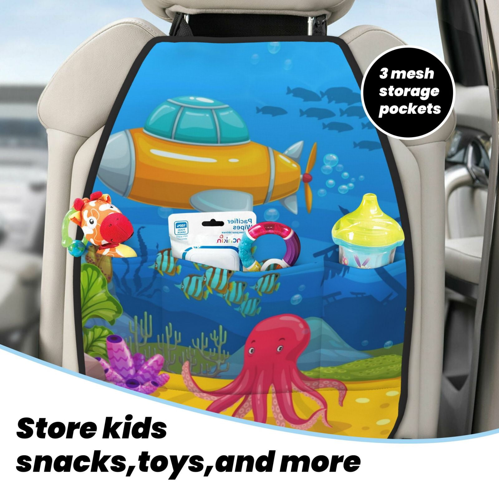 Xecao Submarine And Landscape Pattern Car Seat Back Protector 2 Pack Large Capacity Pocket, Kick Mats Back Seat Protector