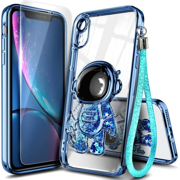 Nagebee Phone Case Compatible for iPhone XR with Tempered Glass Screen Protector, [Wrist Strap] Liquid Floating Glitter Cute Case (Astronaut Blue)
