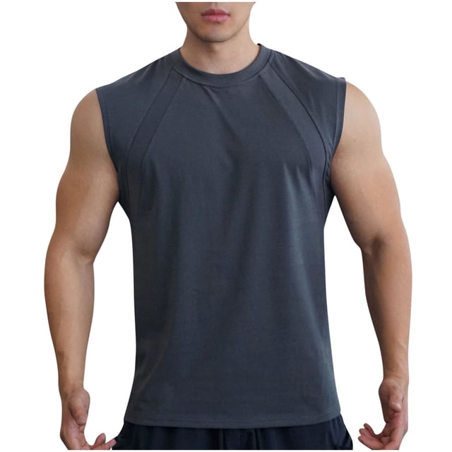 Ohufall Cotton Workout Tank Tops for Mens Round Neck Solid Comfy Summer Tanks Plus Size Sleeveless Muscle Tees, M-3XL