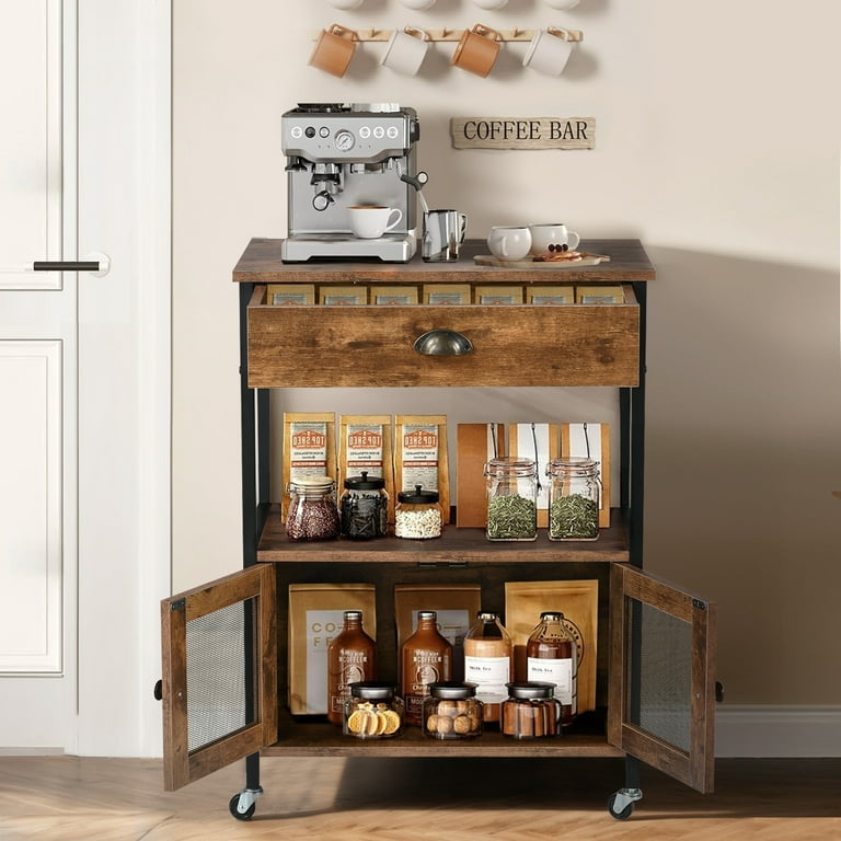 Catrimown Coffee Cart Coffee Bar Microwave Cart with Storage Coffee Cart Station Rustic Brown