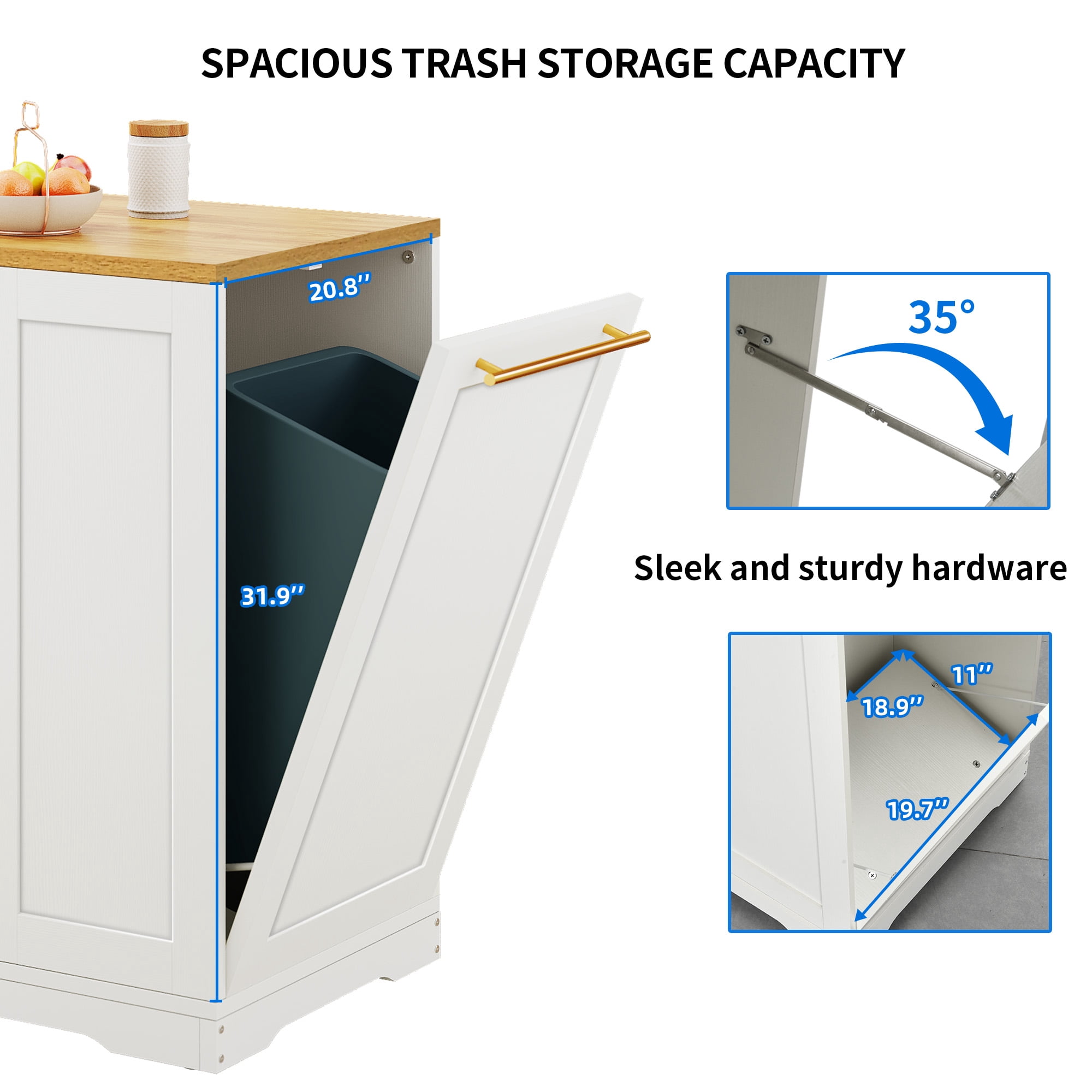 DEXTRUS 53" Kitchen Island Cart on Wheel, Kitchen island with Storage Cabinet, Tilt Out Trash Can, 2 Drawers for Home Kitchen, White