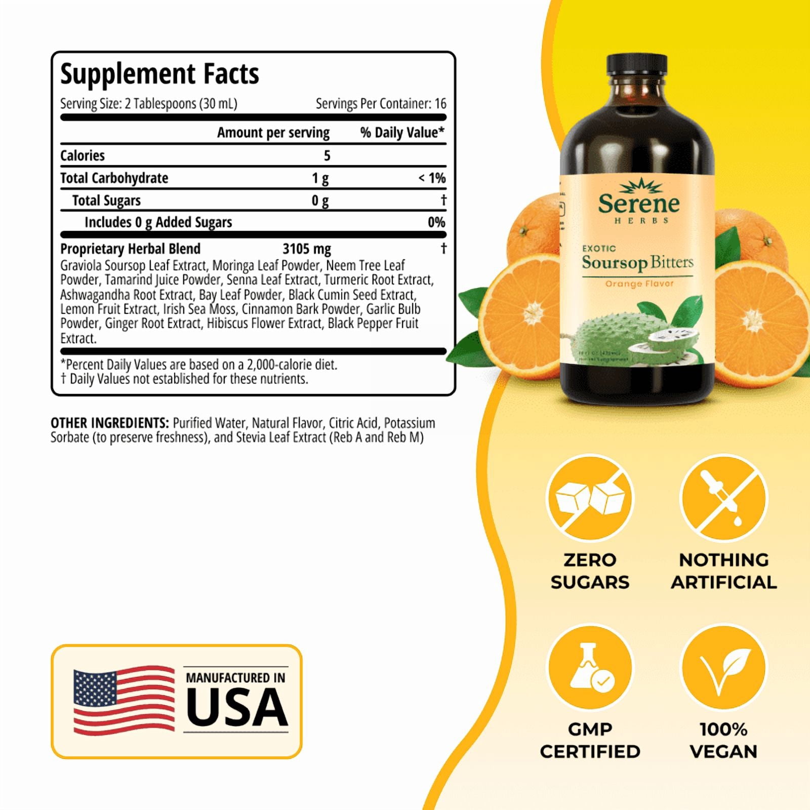 Serene Herbs Soursop Bitters Orange Flavor – Traditional Herbal Liquid Supplement, 16 fl oz