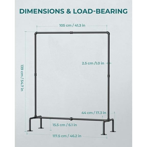 Industrial Pipe Clothing Rack Free Standing, Heavy Duty Detachable Clothes Rack with 4 Stable Feet for Garment Storage Display, Black