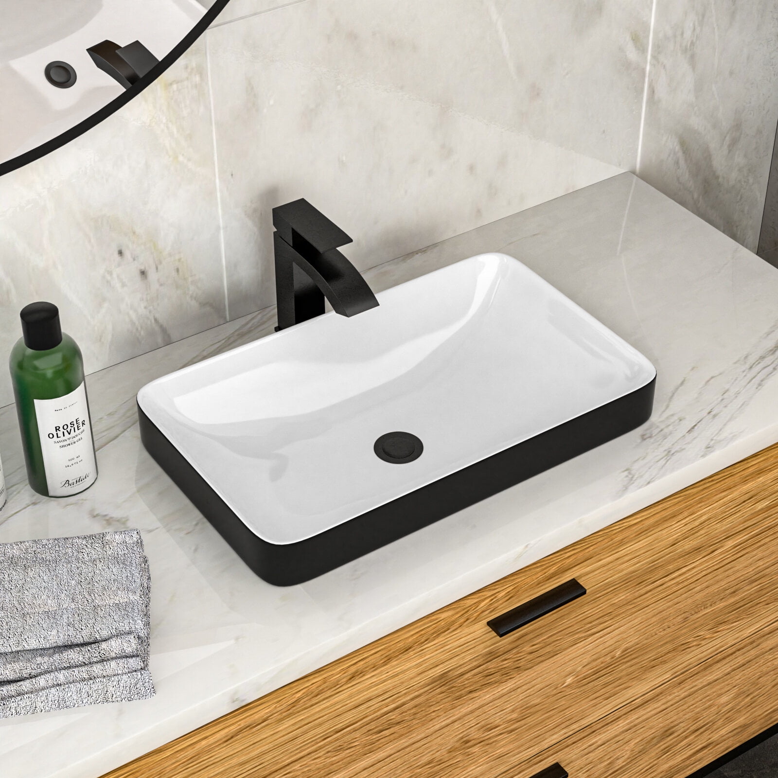 Vanity With Sink, 19"x12" White & Black Semi-Recessed Ceramic Bathroom Sink - Countertop Vessel Design, White+Black Bathroom Vanity,Ceramic Single Sink Vanity, Bath & Faucets Bathroom Vanities