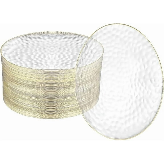 100 Pack Clear Plastic Plates - 6.25 IN Hammered Gold Rimmed Sturdy Durable And Extra Heavy duty Gold Plastic Dessert Plates Disposable - Ideal For Appetizer And And For Desserts.