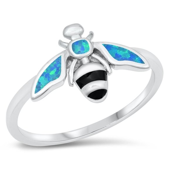 CHOOSE YOUR COLOR Blue Simulated Opal Honey Bee Ring .925 Sterling Silver Band CZ Female Size 6
